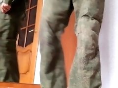 Russian soldier in military uniform masturbates big cock and shows off his dirty socks