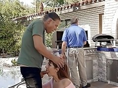 Horny male gags and fucks horny wife during BBQ meeting