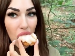 Mesmerizing brunette feeds her hunger for cum in the woods